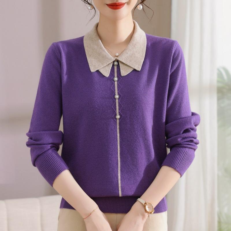 Mom Autumn Knitted Sweater Bottom Lapel New Top Medium and Old Women's Sweater Outer T-shirt Women
