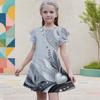Girls Round Neck Flutter Short Sleeve A Line Flared Hem Printed Dress Black Green Gold
