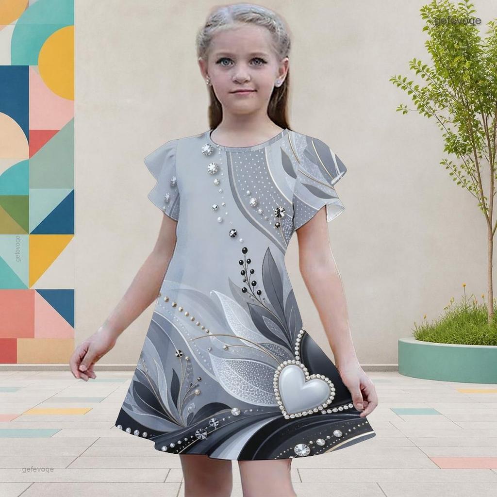 Girls Round Neck Flutter Short Sleeve A Line Flared Hem Printed Dress Black Green Gold
