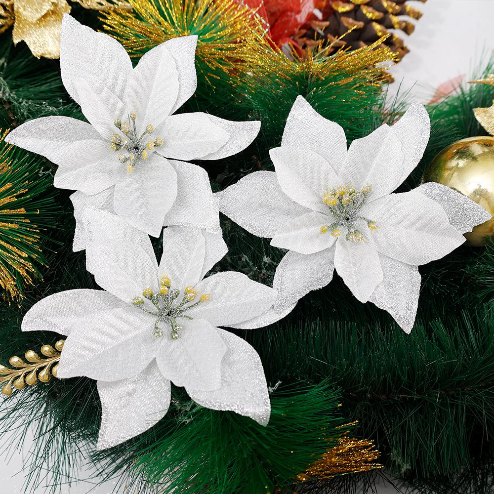 50/10 STÜCKE Glitzer Weihnachtsblumen Künstliche Poinsettia Kunstblume DIY Kranz Weihnachtsbaumschmuck Hochzeitsfeier Heimdekoration