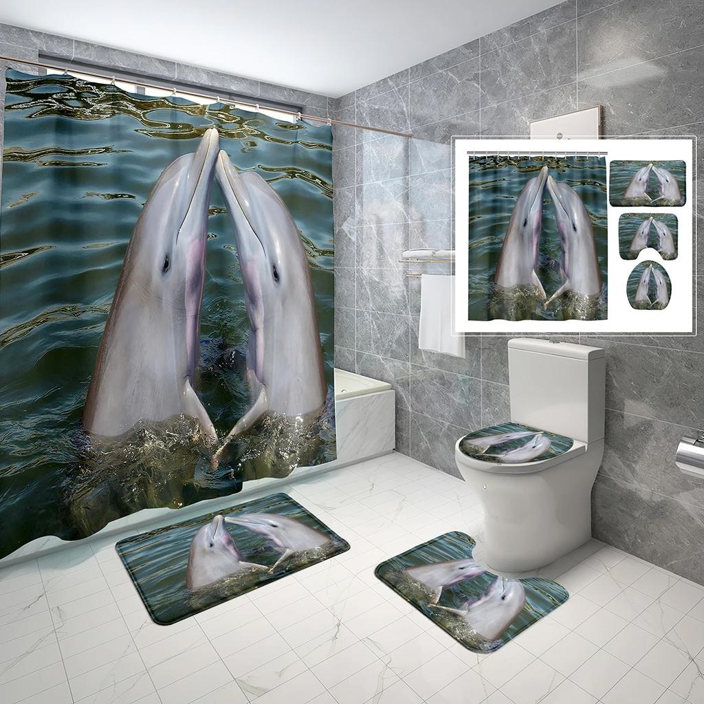 4 Sets Dolphin Shower Curtain Sets With Non-Slip Bath Mat,Toilet Lid Cover And Ocean Animals Blue Sea World Shower Curtain Set
