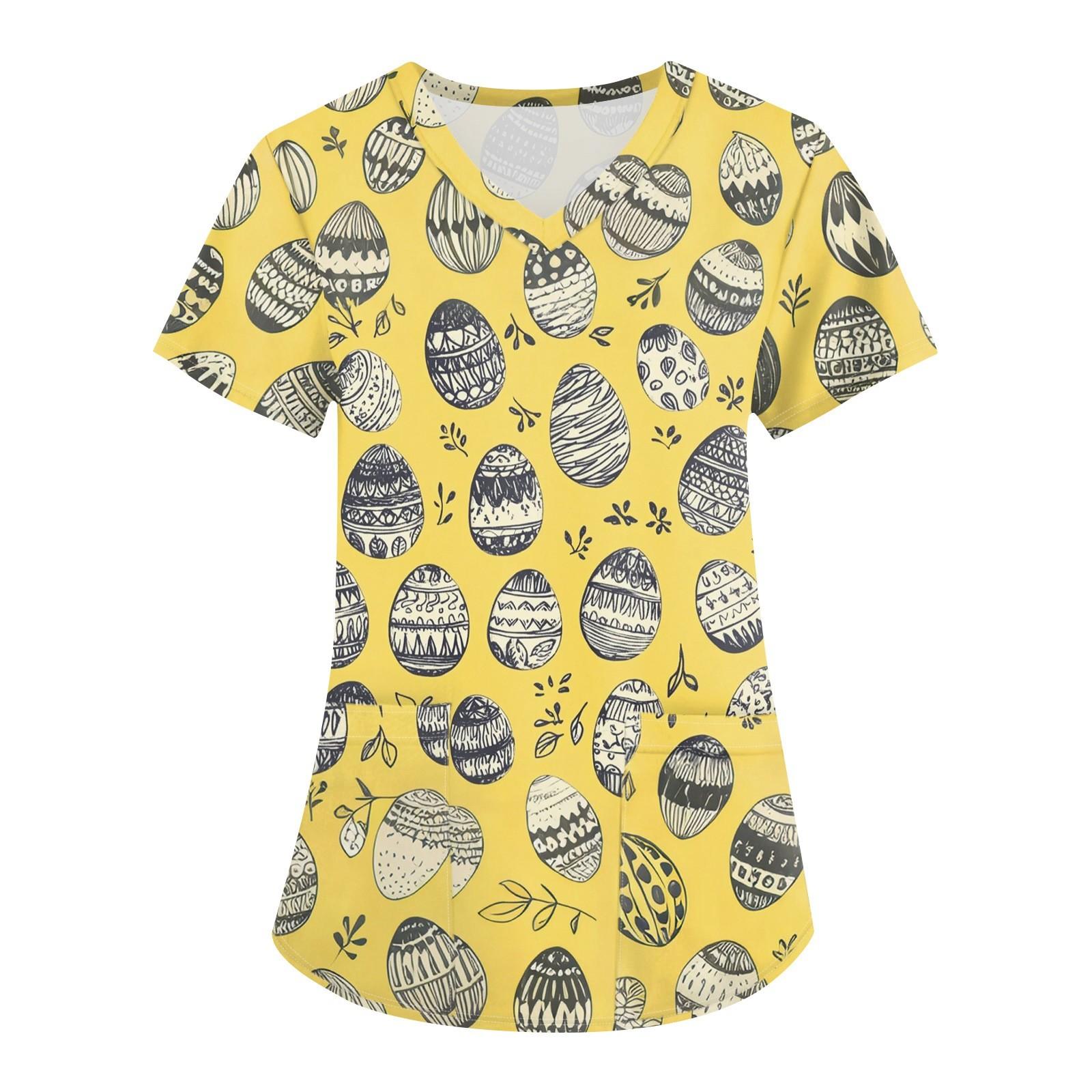 

Жіночий модний робочий одяг з V-подібним вирізом і короткими рукавами з принтованими кишенями XL жовтий