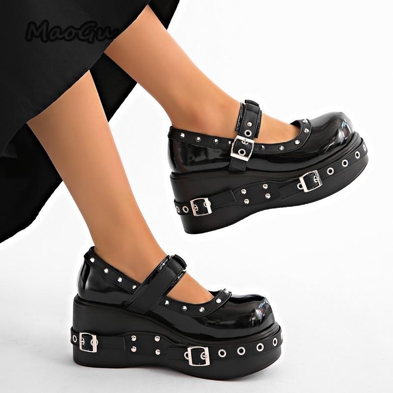 Large Size 35-42 Punk Women'S Mary Janes Black Pu Buckle Straps Street Style Ladies High Heel Pumps Thick Bottom Platform Shoes