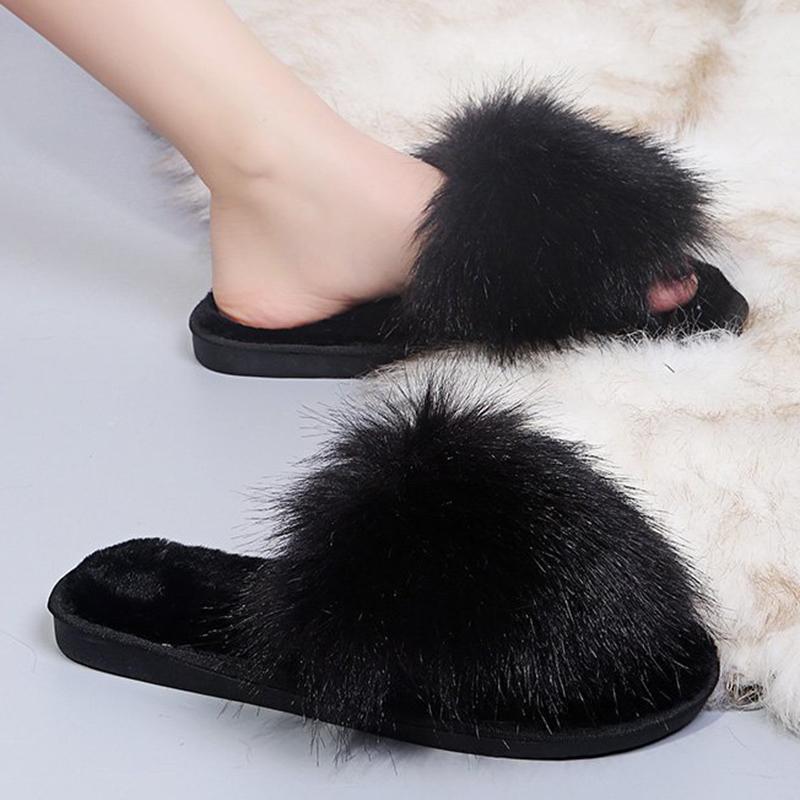 Fashion Women's Fashion Fluffy Faux Fur Slippers Winter Warm Comfortable House Slippers for Women Solid Color Soft Plush Indoor Slides