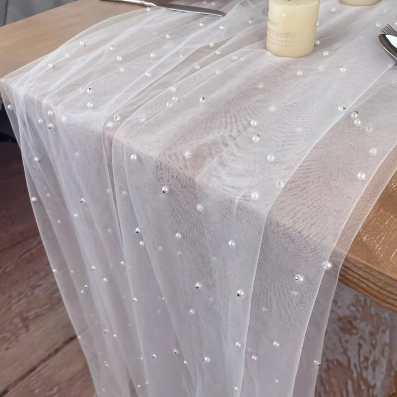 

NASKY Pearl Tulle Table Runner 80×300 CM Decorative Transparent Fabric Wedding Party Cake Dessert DIY Photo Backdrop White