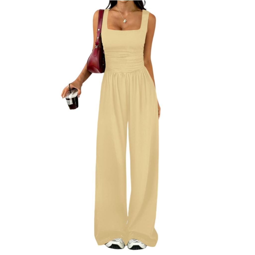 Women Sleeveless Wide Leg Jumpsuit Square Neck Ruched Bodice Casual Loose Fit Long Pants Outfit
