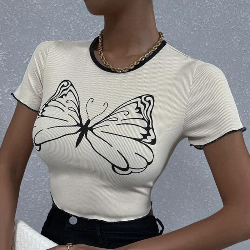 

Европейская и американская летняя женская универсальная и персонализированная футболка с принтом бабочки Y2K, уличный повседневный облегающий топ S белый