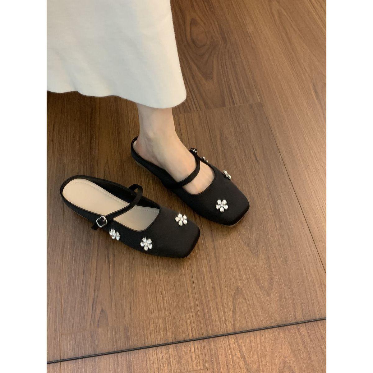 

2025 summer new French niche bag head low heel half slippers women s outer wear with skirt gentle single shoes Mary Jane 39 чёрный