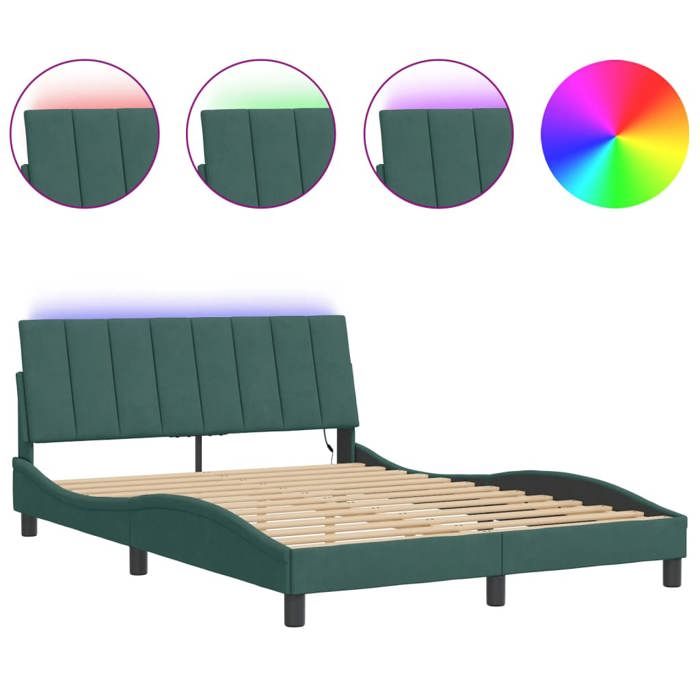 VidaXL Bed Frames with LED Lights, Upholstered Bed with Slat Base, Double Bed, Adult Bed, Modern, Dark Green 3213784