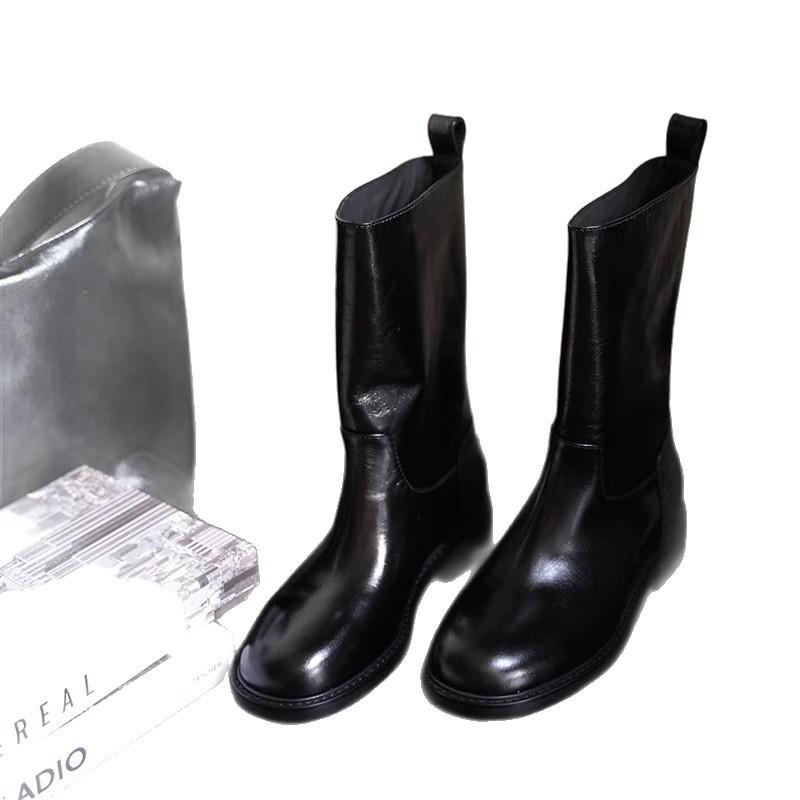 Korean Version of Handmade Cigarette Boots Women's 2025 Autumn and Winter New Leather Boots Medium Boots Retro Straight Knight Boots Single Boots