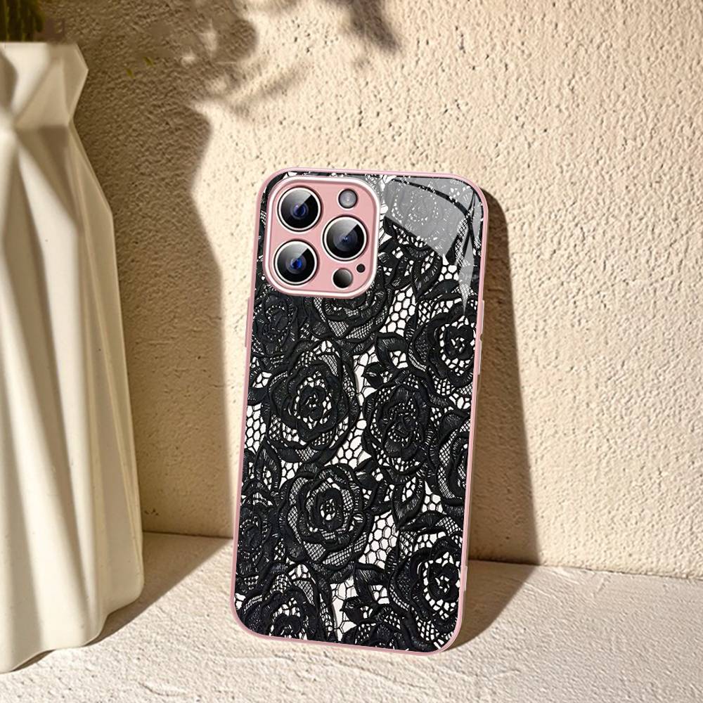 

Black Lace Pattern Personalized Mobile For IPhone 14 13 12 Mini 11 Pro XS Max X XR 14 Plus Tempered Glass Cover iphone Xs Max