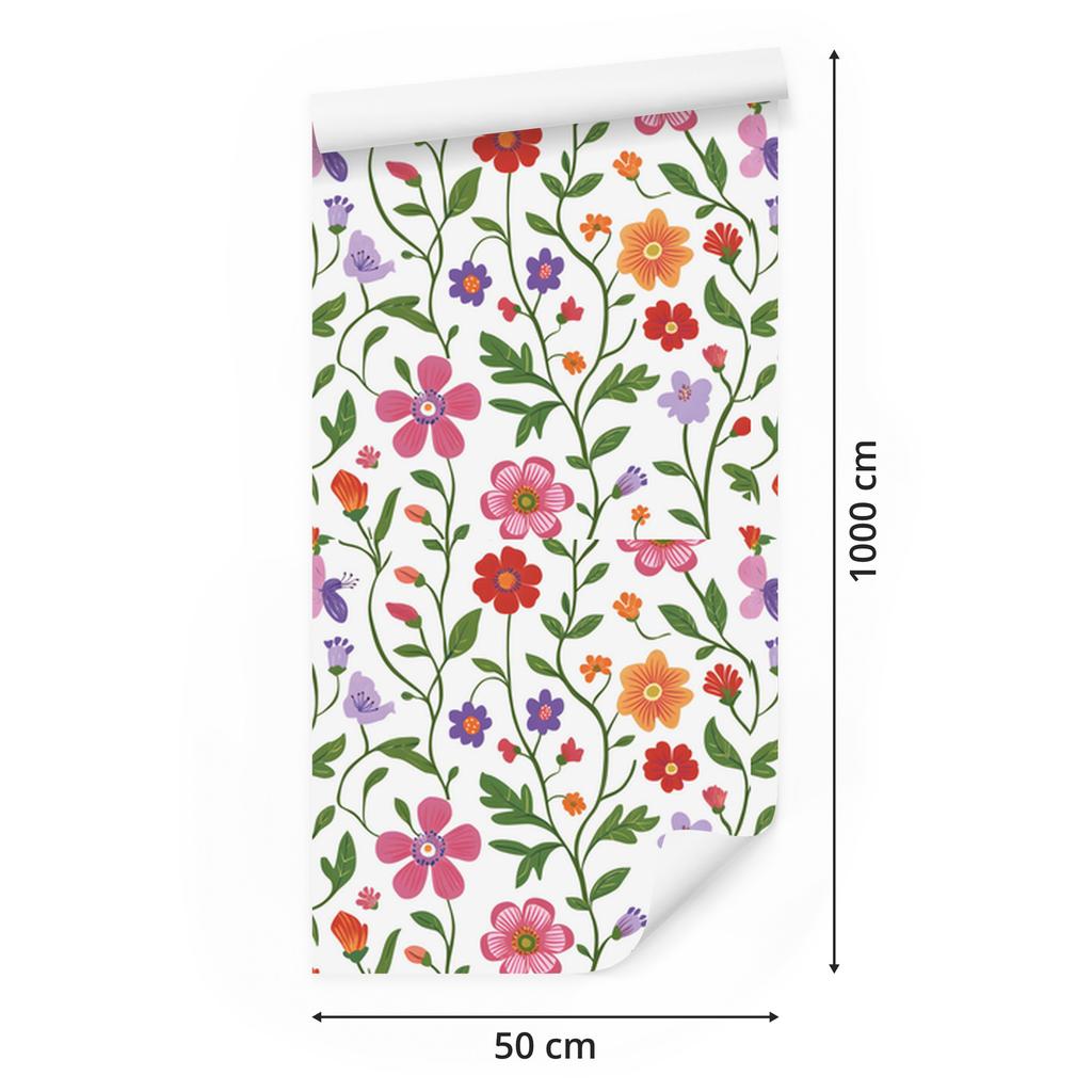Flowers and Leaves Wallpaper White, Light Gray and Lime 50x1000