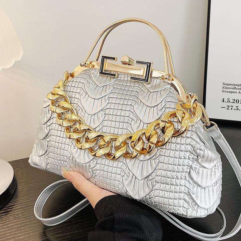 Women's Pleated PU Leather Shoulder Bags  Thick Chain  Messenger Bags  Luxurious Ladies Bags  Night Clutch  Gold  Pink  Green