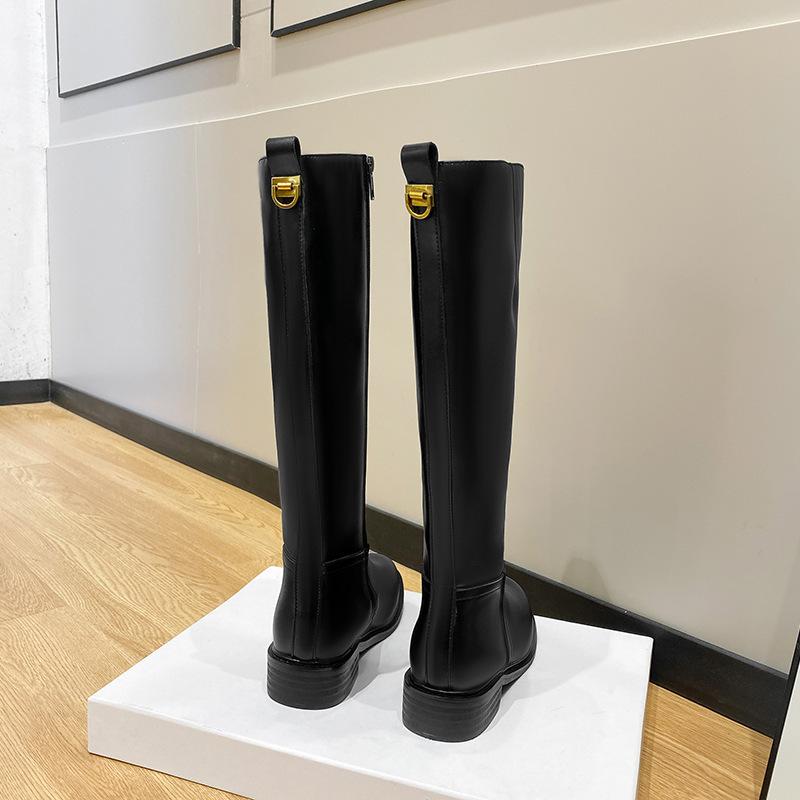 Cowhide Version of the New Autumn and Winter Side Zipper High Boots, Thin Knight Boots, Women's Flat Thick Heels But Knee Boots