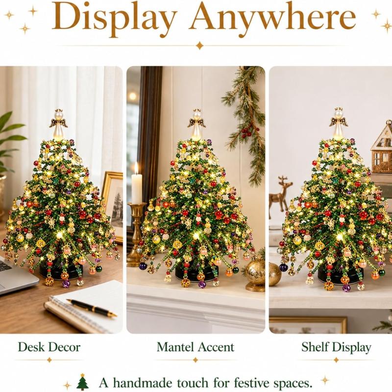 Diy Beaded Christmas Tree Kit – Crystal Bead Holiday Craft Set With Led Lights, Home Decor Gift For Adults & Kids