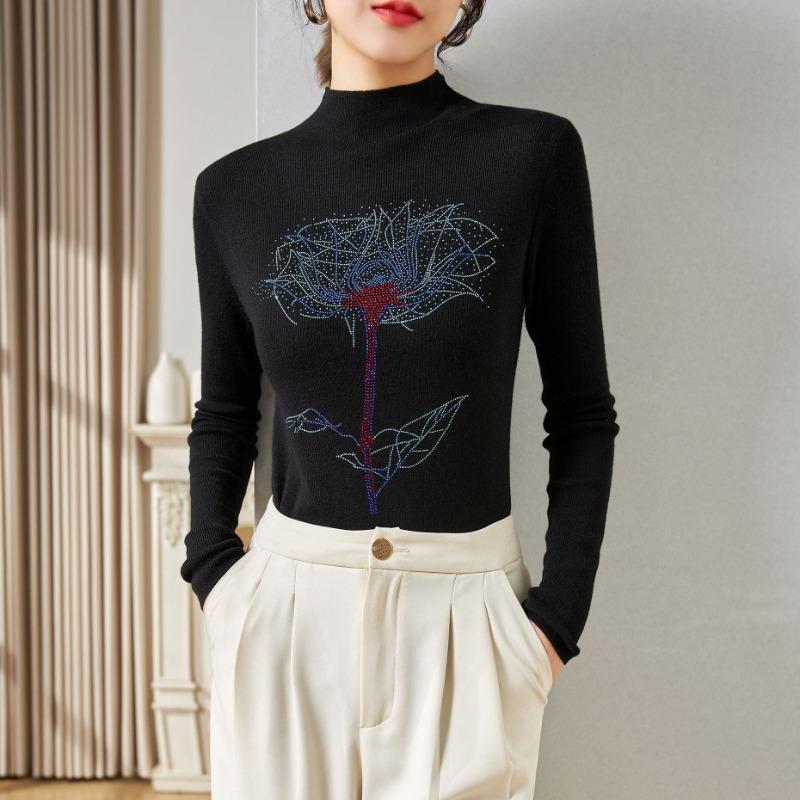 Design sense rose hot diamond bottoming knitted sweater women's autumn new semi-turtleneck pullover silk wool sweater women