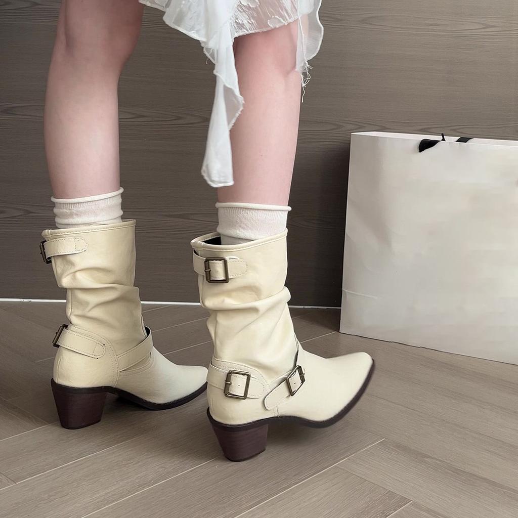 Pointed thick heel women's medium tube stacking boots 2025 autumn and winter new fashion versatile comfortable casual Martin boots women