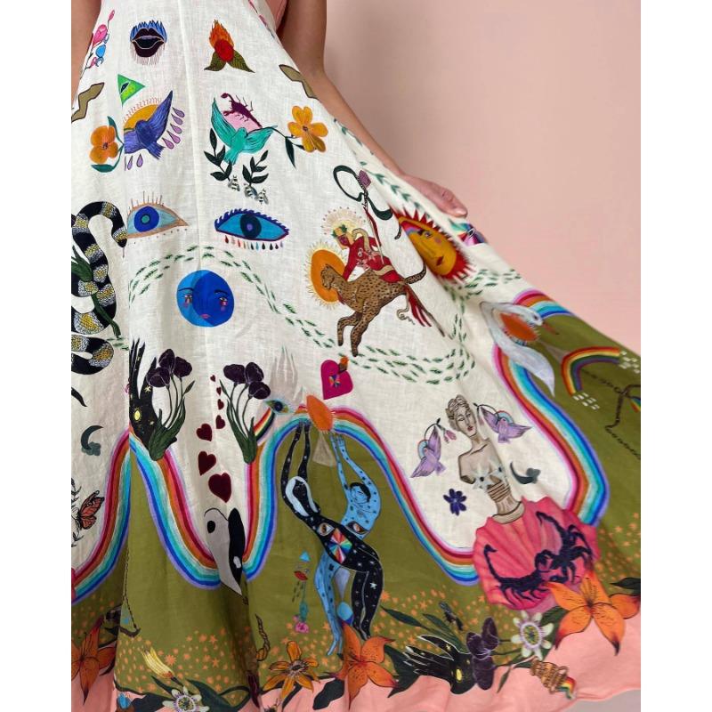 Ärmelloses Swing-Kleid aus Baumwollleinen mit Neckholder und Graffiti-Print für Damen