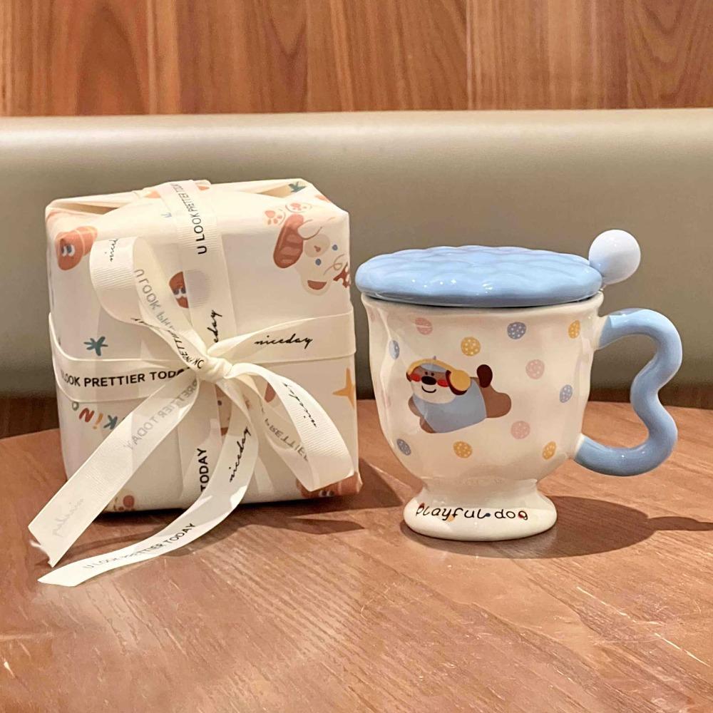 High-value Milk Cute Polka Dot Kitten Mug with Lid Girls Ceramic Cup Birthday Gift Souvenir