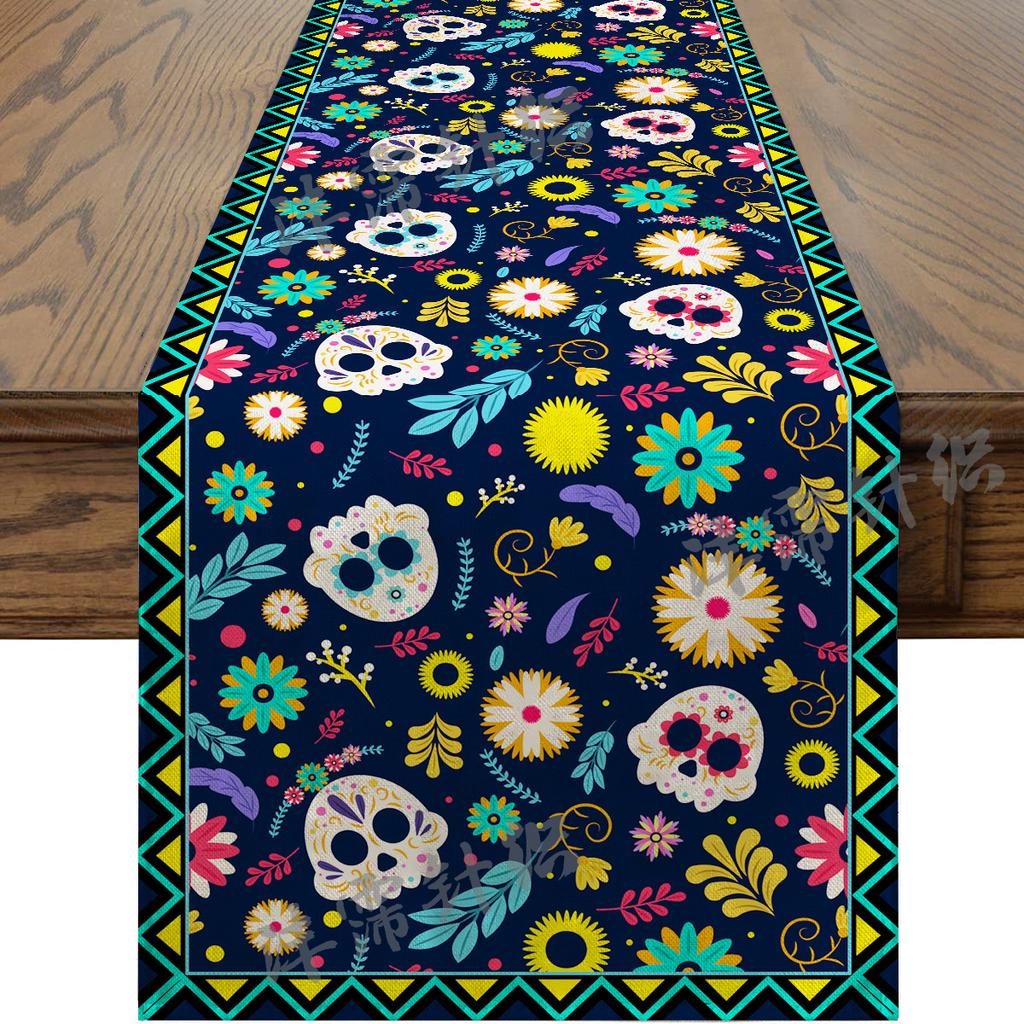 Halloween Table Runner Faux Linen Long Strip Day of the Dead Christmas Holiday Dining Decor