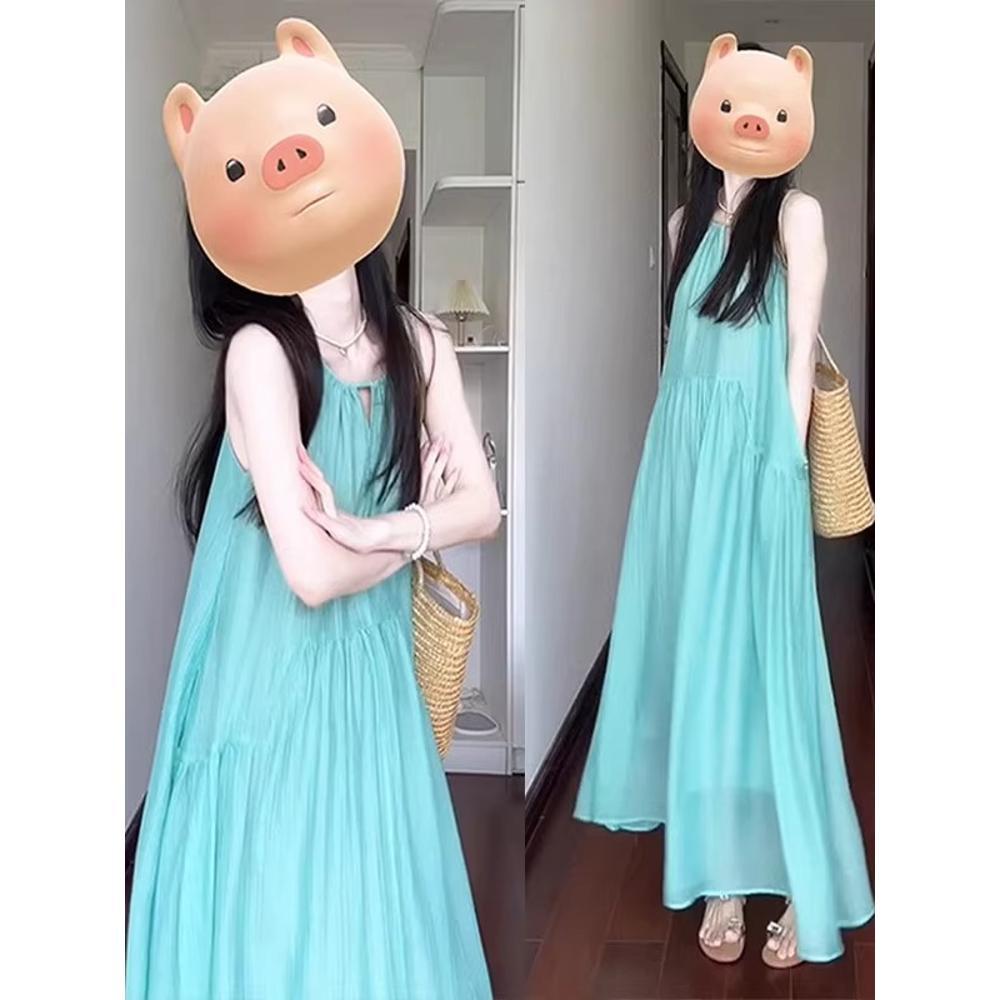 

Курортное платье маленький свежий простой милый халтер фото плиссе большой клеш пляжное платье-комбинация XL- (recommended 110-60kg)