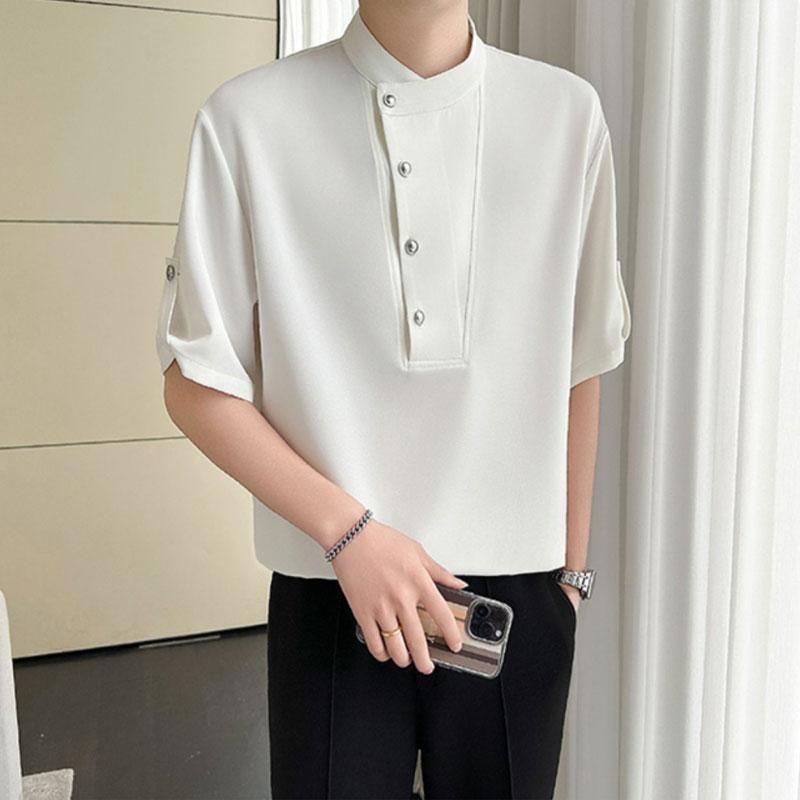 Fashion Stand Collar Button Shirts Summer Spliced All-match Korean Solid Color Men's Clothing Casual Simple Short Sleeve Shirts