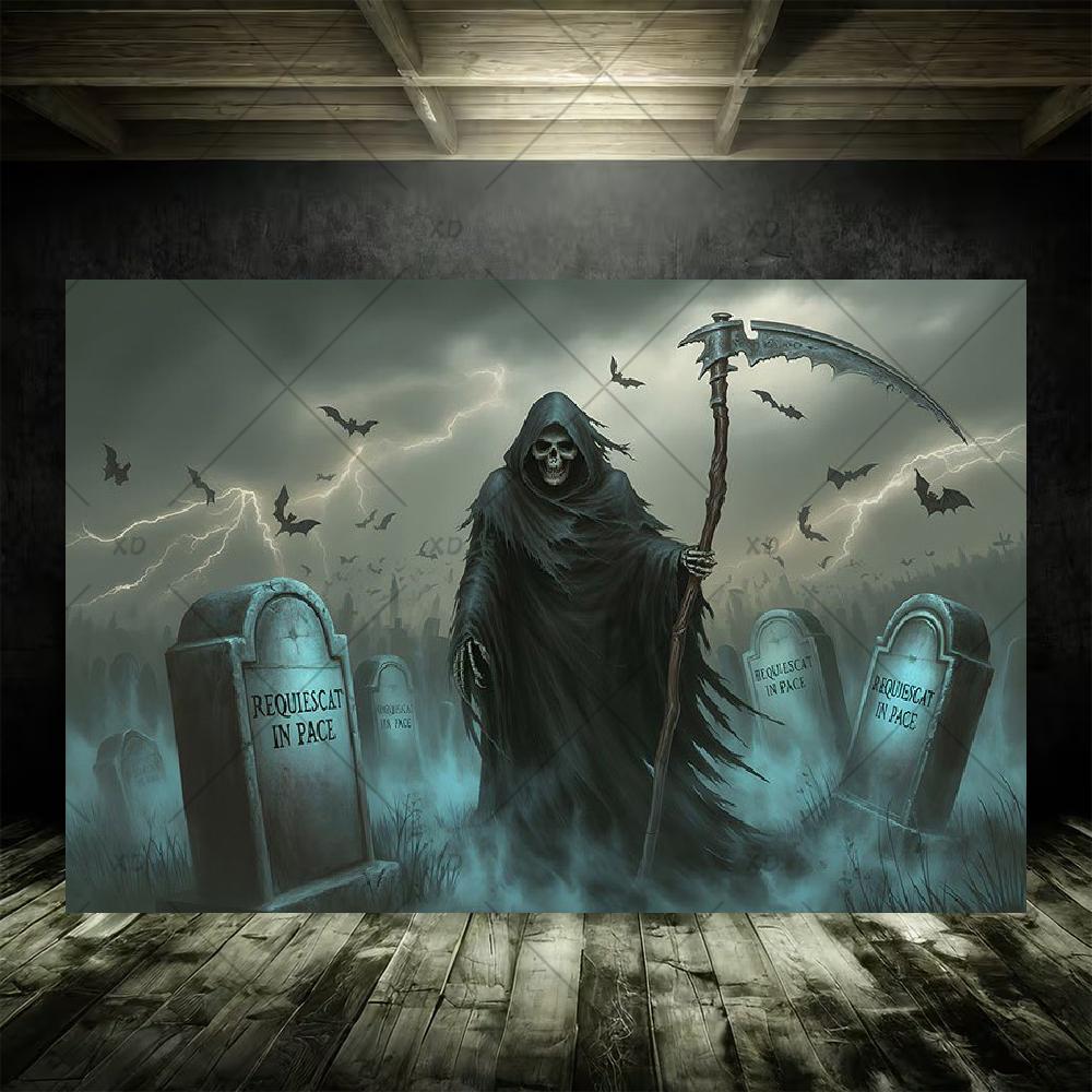 Grim Reaper Horror Halloween Party Decoration Background Spooky Graveyard Cemetery Backdrop Cosplay Photo Booth Studio Banner