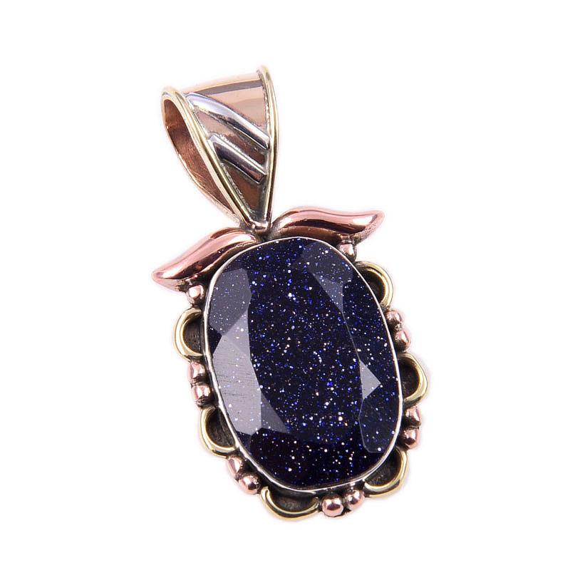 Natural Blue Sunstone 925 Solid Sterling Silver Gift TwoTone Pendant 1.25" P8t98