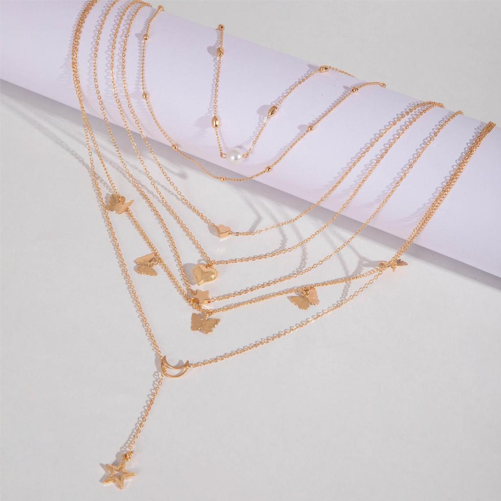 Accessories, Creative Retro Multi-layer Butterfly Fringed Pendant Necklace, Moon Peach Heart Stacked Collarbone Chain