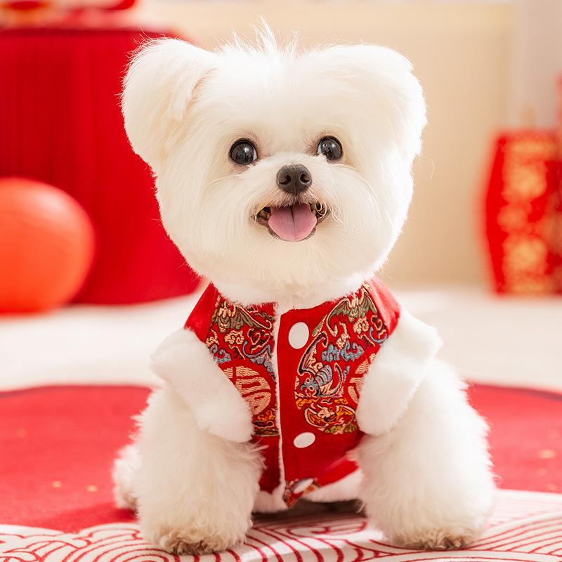 Puppy Dog New Year's Clothes Autumn and Winter Tang Clothing Pet New Year's Teddy Bigbear Traction Vest Festive New Year's Clothing