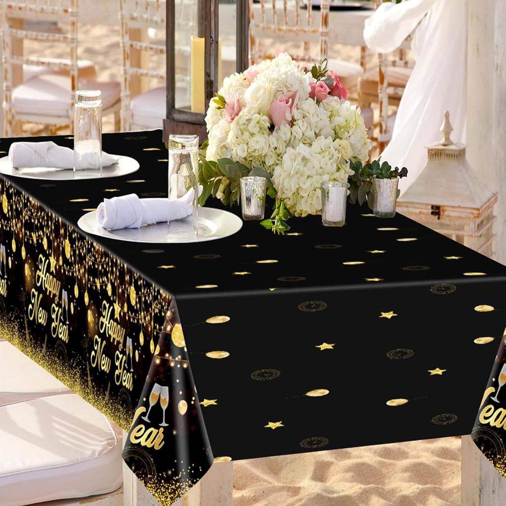 MiniRed Happy New Year Plastic Table Cloth for Parties, Plastic Table Cover 2026, Disposable Party Table Clothes Decorations Supplies(108” X 54”)
