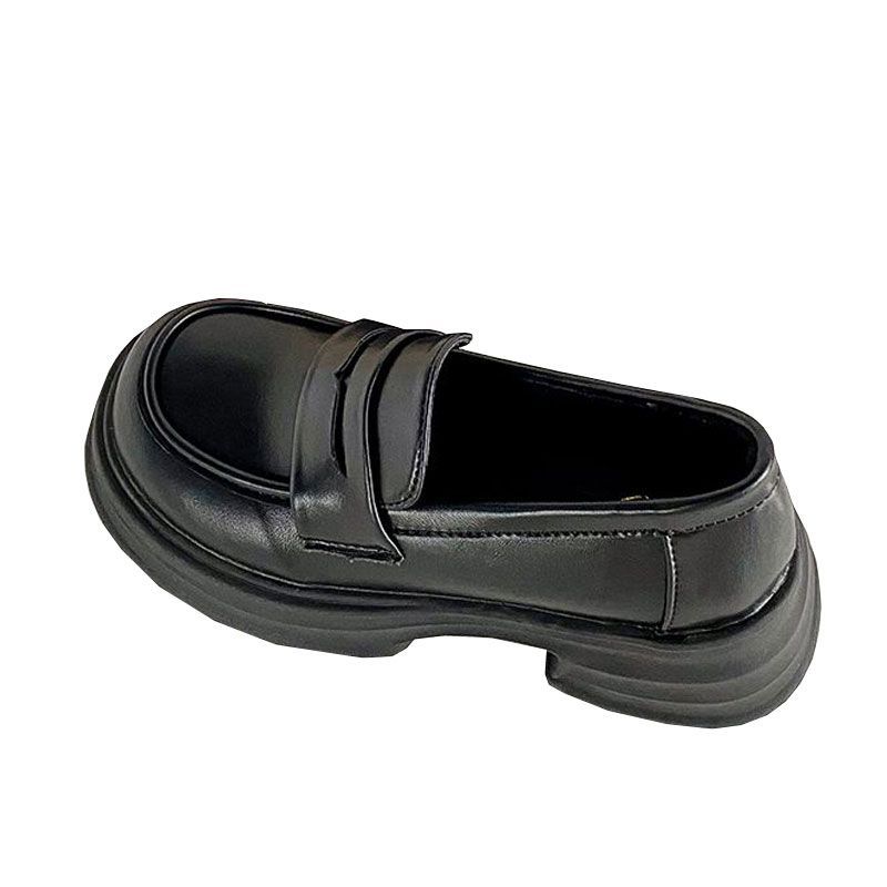Round Toe Thick Sole Single Shoes for Women Black College Style Small Leather Shoes Versatile British Loafers Jk Uniform Shoes