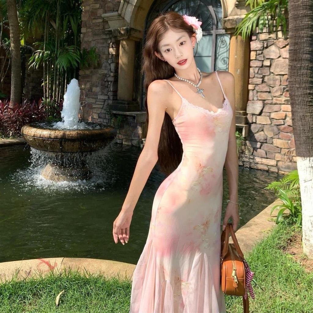 French temperament mesh suspender dress summer slim seaside vacation waist pink floral fishtail dress women