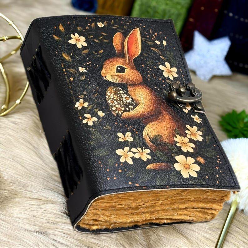 Grimoire Vintage leather journal, Bunny Easter Rabbit Fat Journal, Blank spell book of shadows Celestial Christmas Gifts
