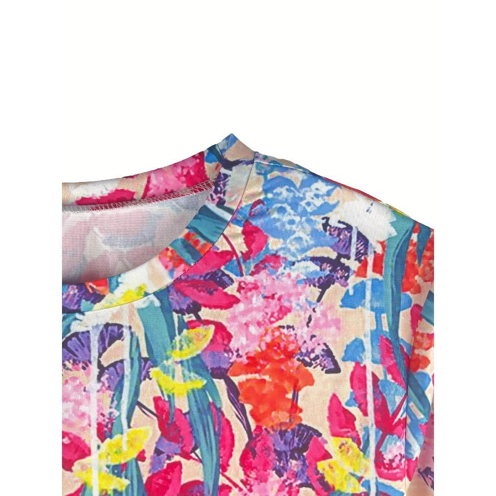 Colorful Plant Print Crew Neck T-Shirt Spring and Autumn Casual Long Sleeve Top Women's Clothing