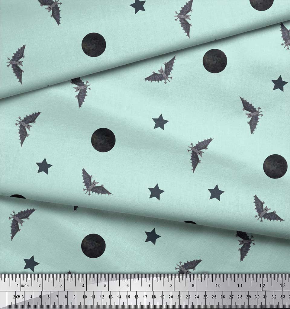Soimoi Purple Japan Crepe Satin Fabric Moon,Star & Bats Halloween Print Fabric by the Metre 42 Inch