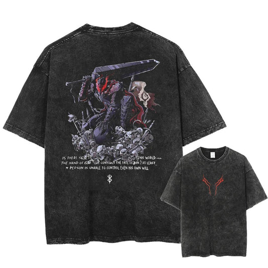 Japanischer Anime Berserk Retro Gewaschenes T-Shirt Herren und Damen Neu Sommer Harajuku Kleidung Lässig Rundhals Kurzärmeliges Oberteil