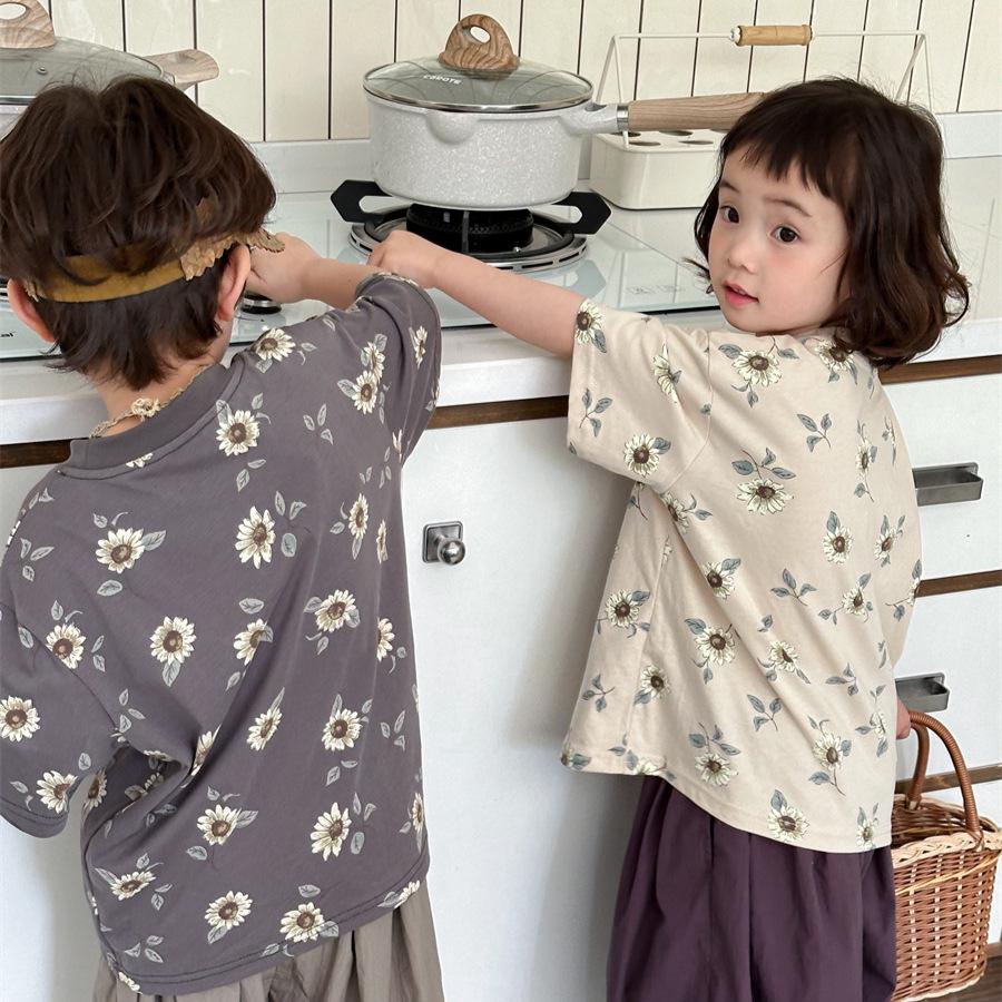 Jiaye Tongpin 2025 Kids' Floral Print Short-Sleeve T-Shirt - Unisex Loose Fit Fashion