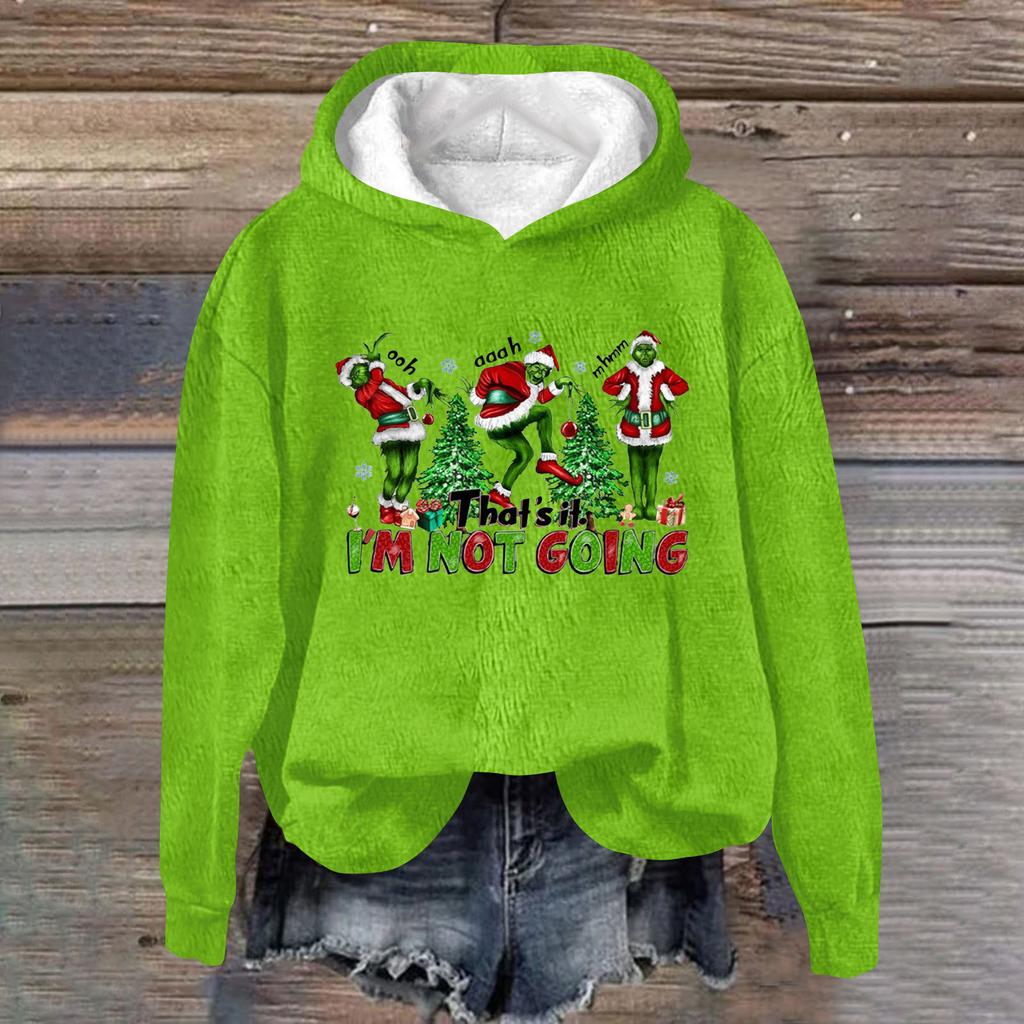 Women's Fashion Casual Long Sleeve Christmas Printed Flannel Top Hooded Sweatshirt