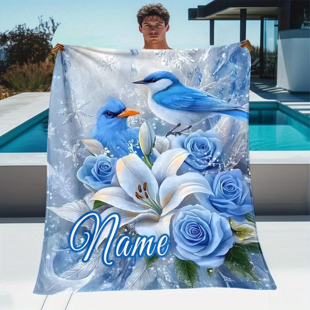 Custom Wolf Blanket Blue Rose Full Moon Night Forest Design Personalized Name Fleece Throw All Season Soft Warm Bedding Home