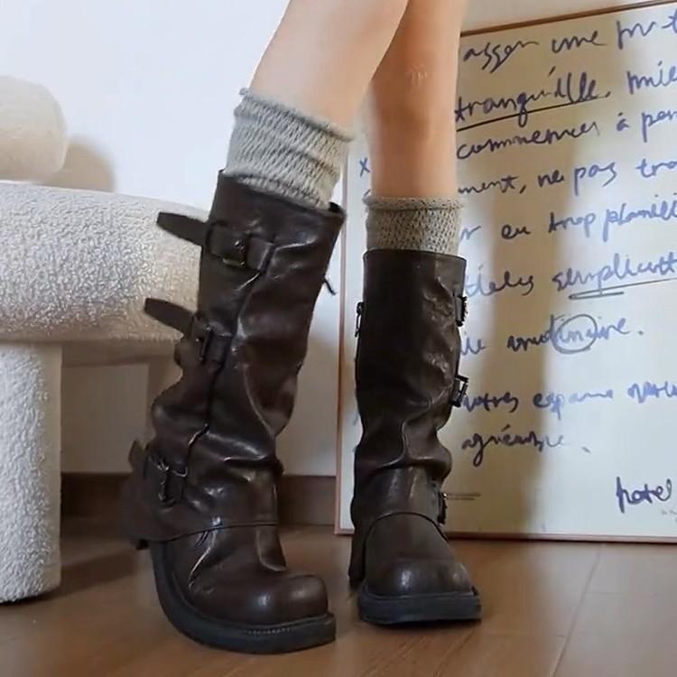 Verze z hovězí kůže~ dámské nové podzimní a zimní boty na platformě se zvýšenou vnitřní výškou, boty s trubkovou holení střední délky, dlouhé jezdecké boty