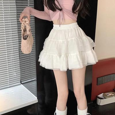 French Puffy Skirt Lace Skirt Women Summer Mesh Skirt Ballet Style White Cake Skirt Cute Half Body
