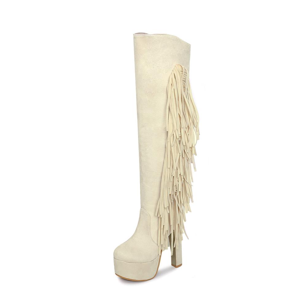 

Fashion Flock Women s High Knee Boots Fashion Fringe High Heels Boots Ladies Platform Party Evening Fetish Shoes Woman Large Size 48 43 бежевий