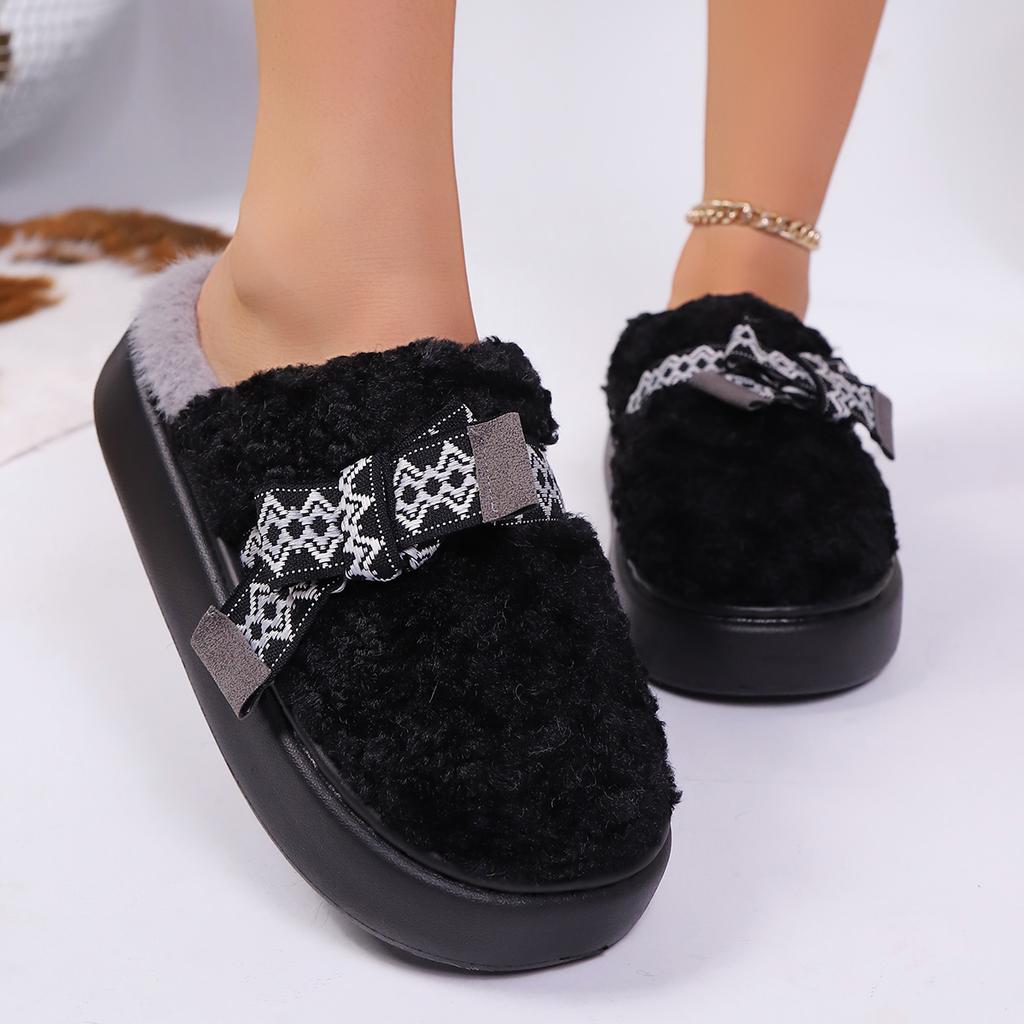 Fashion Sweet Bowknot Fluffy Fur Indoor Slippers Women 2025 Winter Comfort Thick Bottom Home Slippers Warm Plush Non Slip Woman's Slides