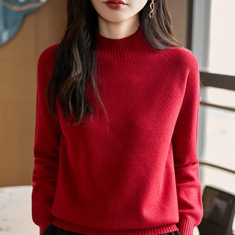 Women's Autumn/Winter Half-High Neck Thick Knit Pullover - Versatile, Loose, Slimming Solid Color Base Layer
