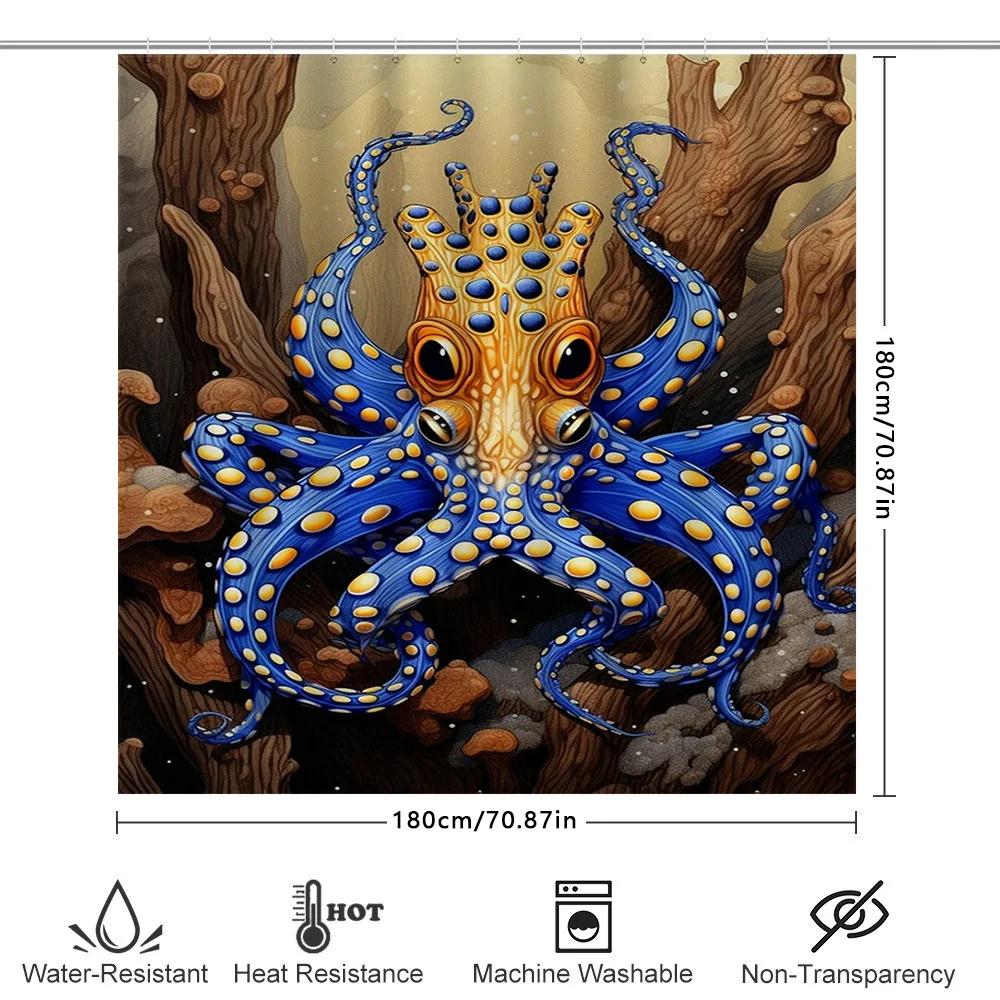 Octopus Shower Curtain Underwater Marine Animal Print 3D Waterproof Fabric Bathroom Decor Blue Yellow Colorful Large
