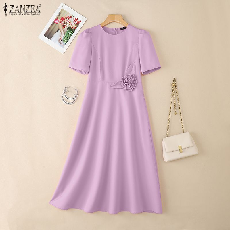ZANZEA Damska letnia sukienka codzienna z okrągłym dekoltem i krótkim rękawem