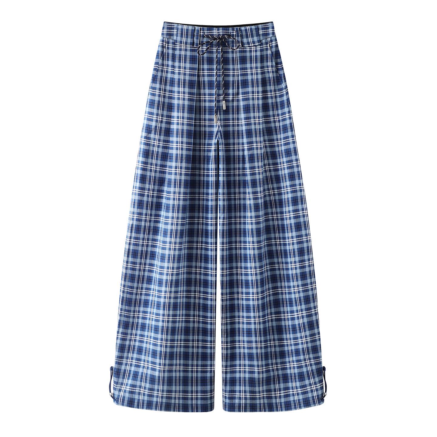 Spring 2026 Women s Retro Blue Plaid Drawstring Elastic Waist Casual Pants Medium