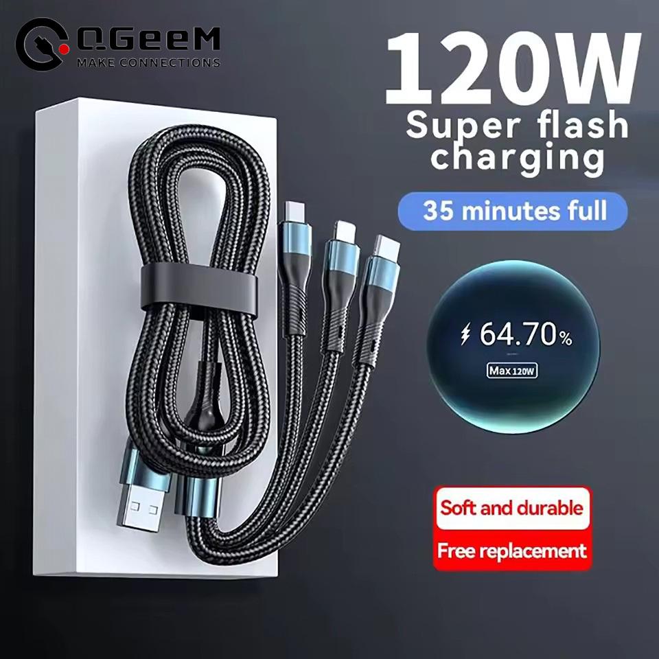 6A 120W 3 In 1 USB Type C Cable Fast Charge Phone Charger Data Cord For iPhone Samsung Xiaomi Huawei Quick Charge Micro USB Wire