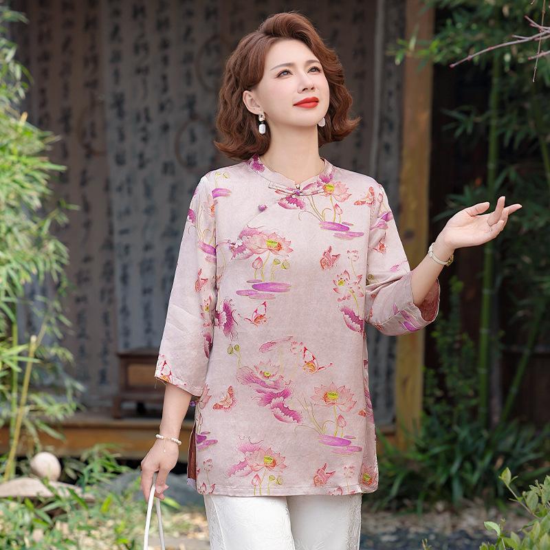 

Elegant Maternity Silk-Blend Frog Button Top - Chinese Style Mid-Sleeve for Women 2XL